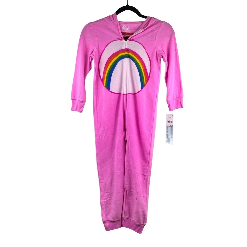 Care Bears Cheer Bear Pink Fleece Hooded Union Suit Pajamas Girls L 10/12